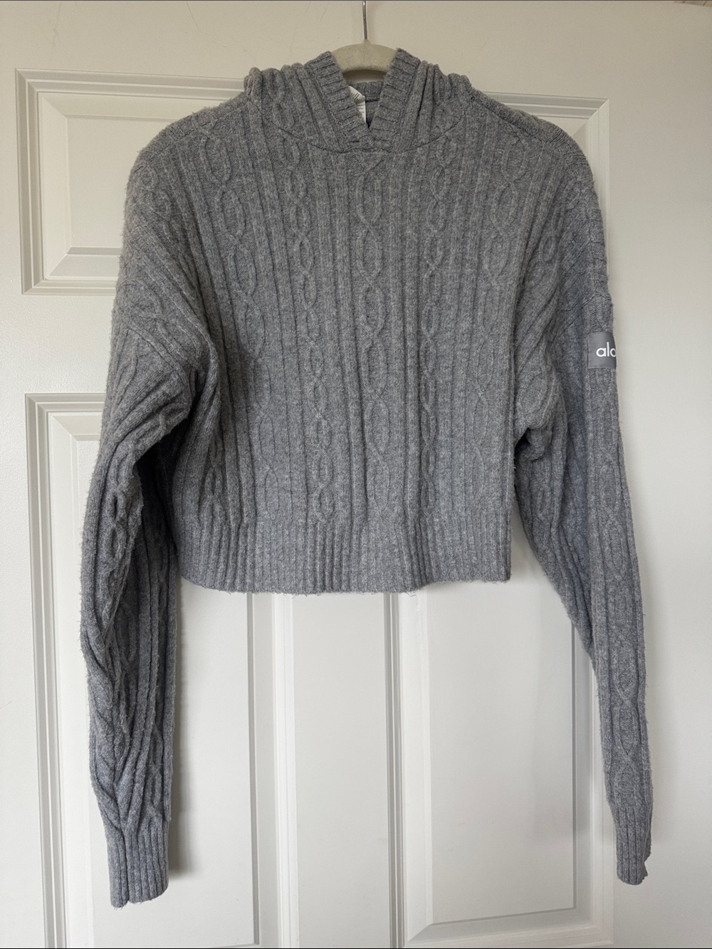 ALO Yoga Grey Cable-Knit Cropped Turtleneck Sweater